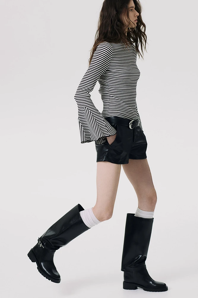 Trumpet-Sleeved Ribbed Top