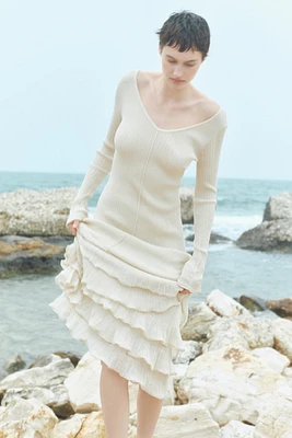 Flounced Rib-Knit Dress