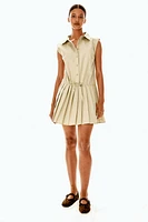 Shoulder-pad Dress with Pleated Skirt