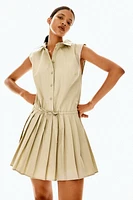 Shoulder-pad Dress with Pleated Skirt