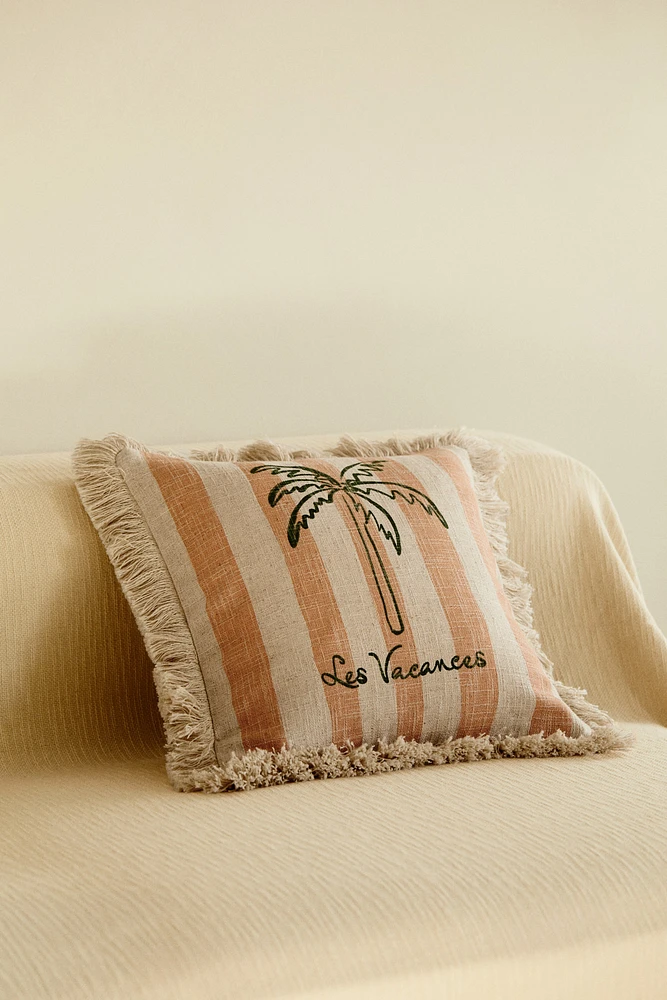 Housse de coussin frangée en lin mélangé