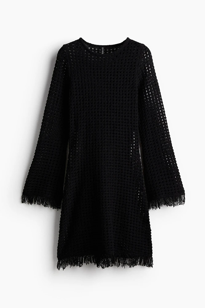 Fringe-trimmed Hole-knit Dress