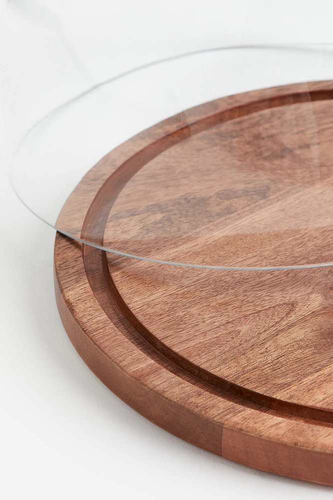 Cloche en verre avec plateau en bois