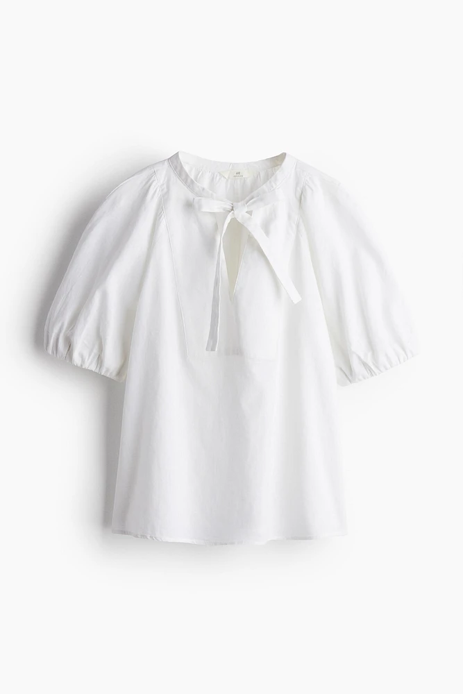 Linen-blend Blouse with Tie Neckline