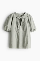 Linen-blend Blouse with Tie Neckline