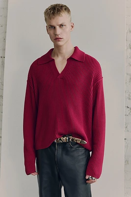 Rib-Knit Polo Sweater