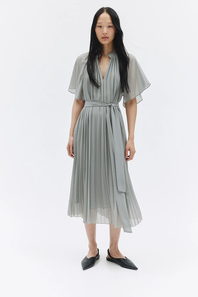 Pleated Tie-Belt Dress