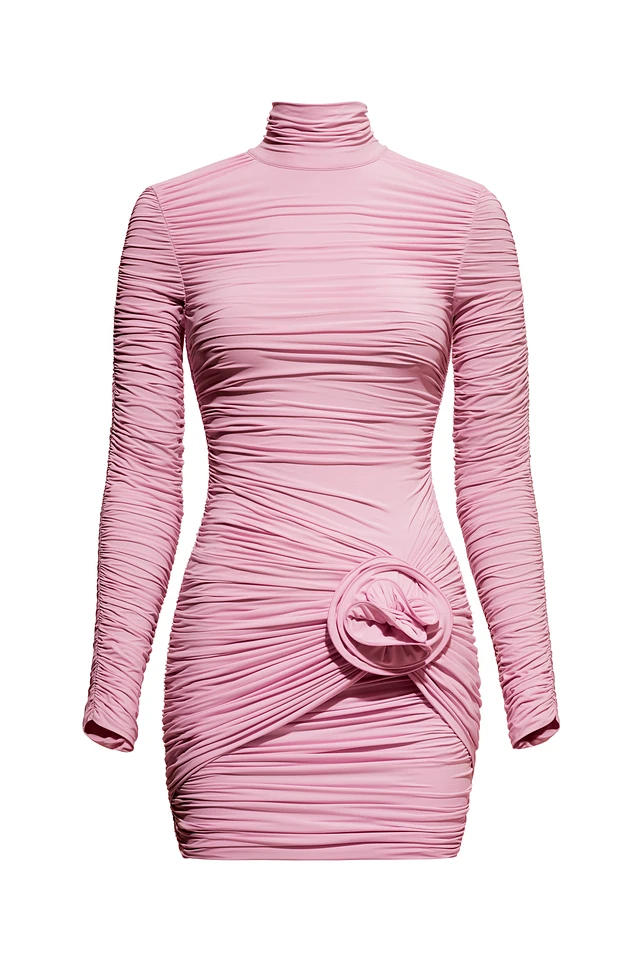 mock neck long sleeve mumu dress pink Lisa Maxi Dress, in Light Luxe Satin, Size: Large | Show Me Your day comfort Micaela Long Sleeve Mini Dress