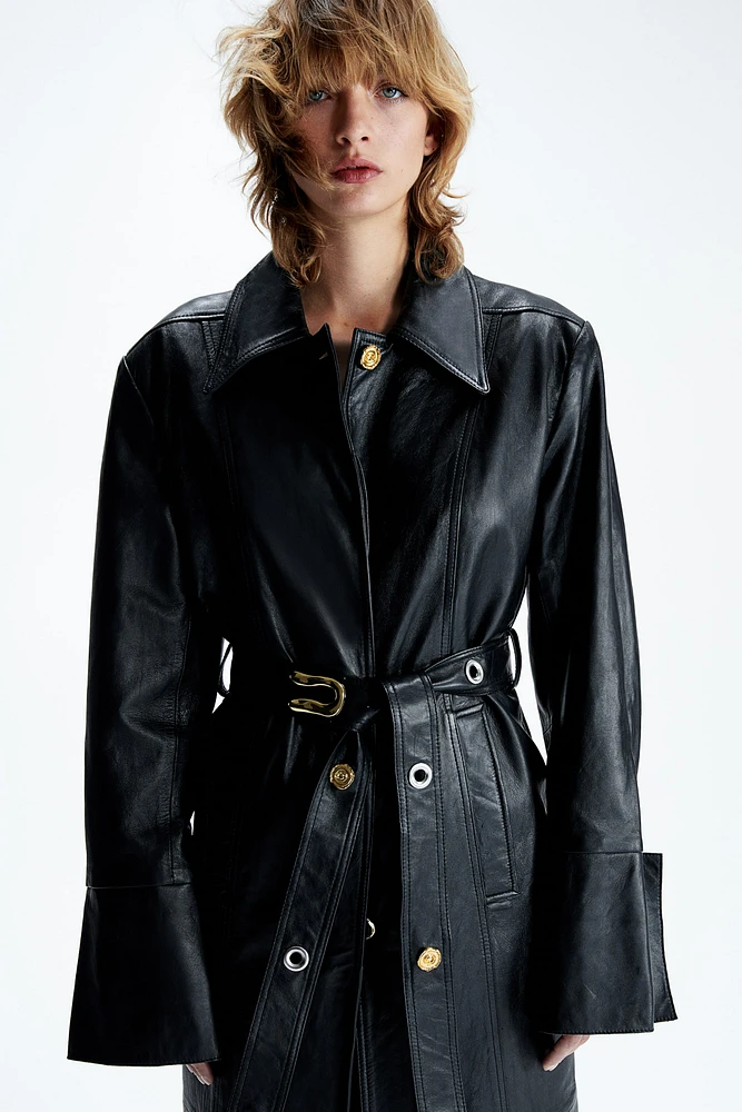 Statement-Button Leather Coat