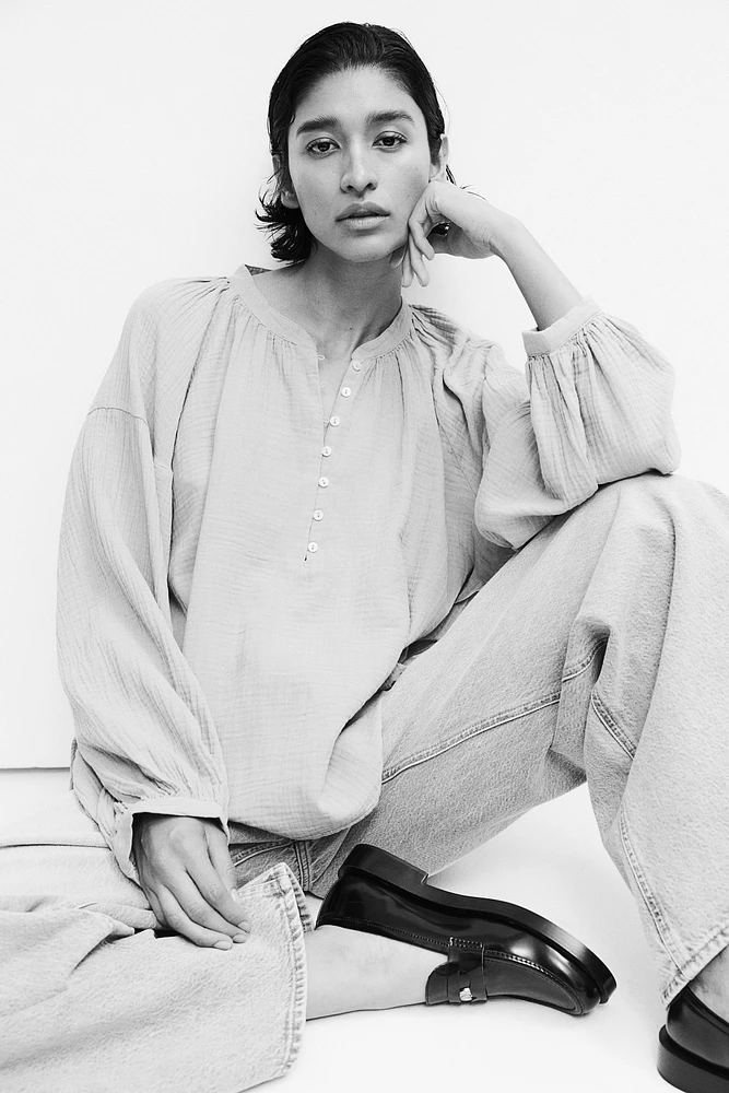 Balloon-Sleeved Muslin Blouse
