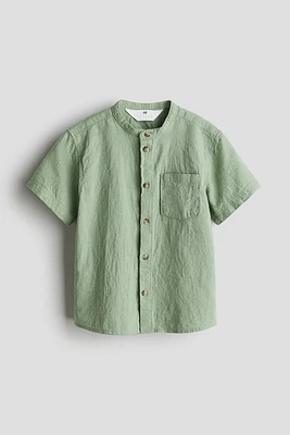 Linen-blend Band Collar Shirt