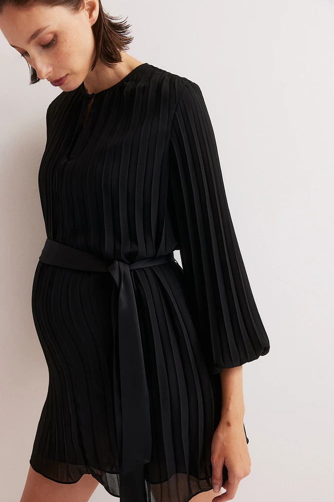 MAMA Pleated Tie-Belt Dress