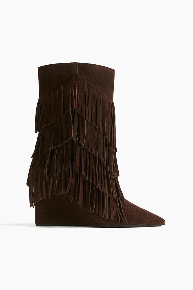 Fringe-Trimmed Suede Boots