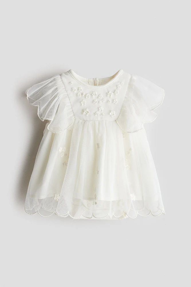 Embroidered-Detail Mesh Dress