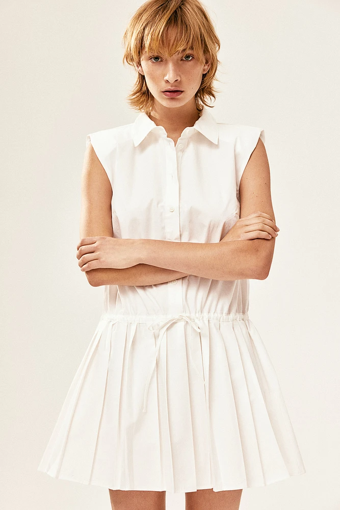 Shoulder-pad Dress with Pleated Skirt