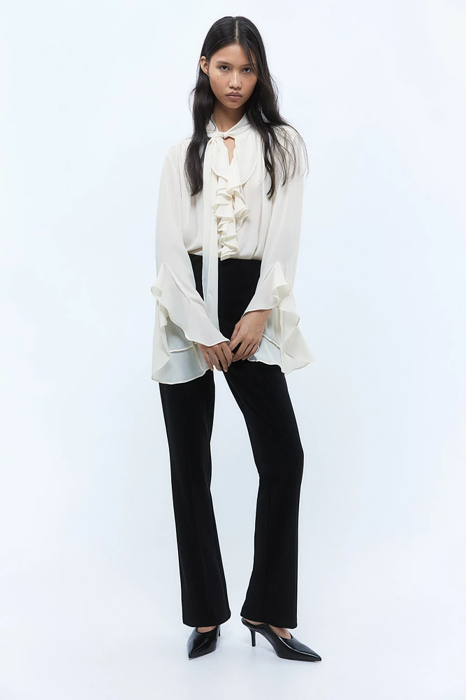 Flounce-Trimmed Tie-Neck Blouse