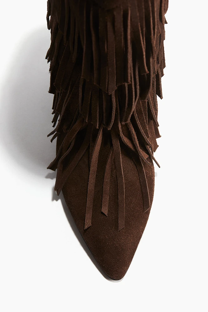 Fringe-Trimmed Suede Boots