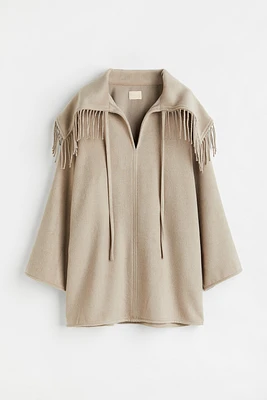 Oversized Poncho with Fringe Trim