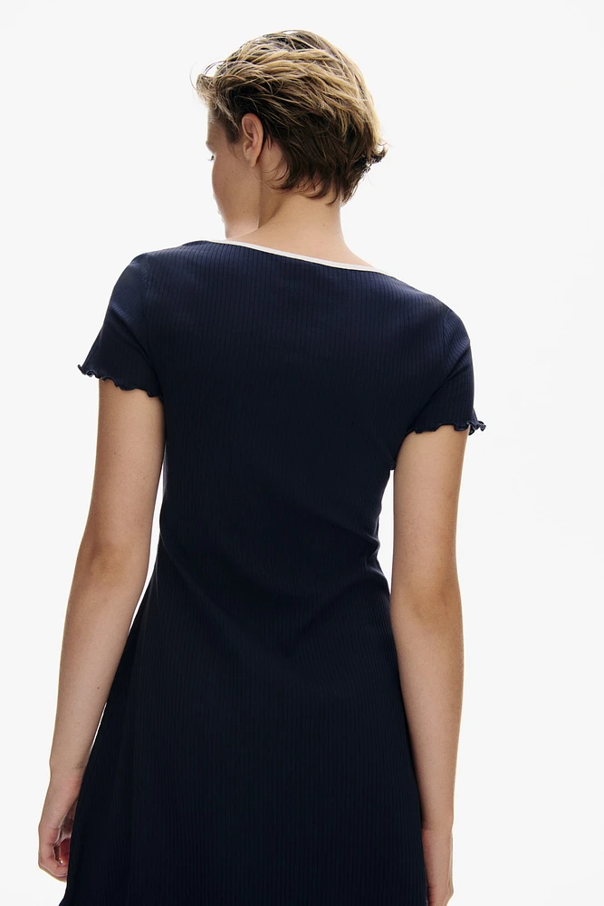 Overlocked-Trim Dress with Flared Skirt
