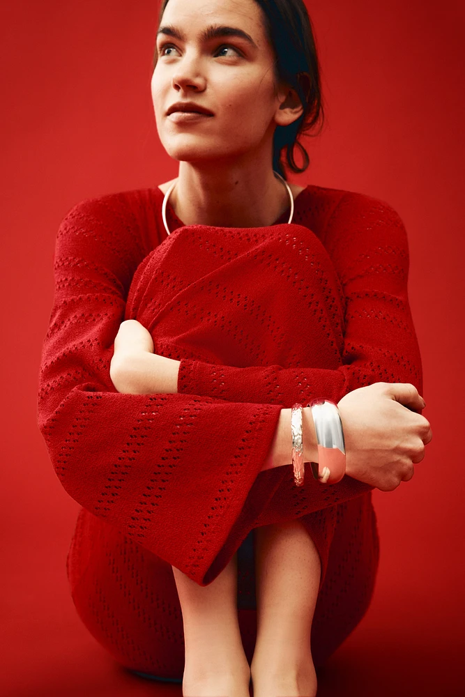 Lacing-Detail Hole-Knit Dress