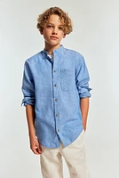 Linen-blend Band Collar Shirt