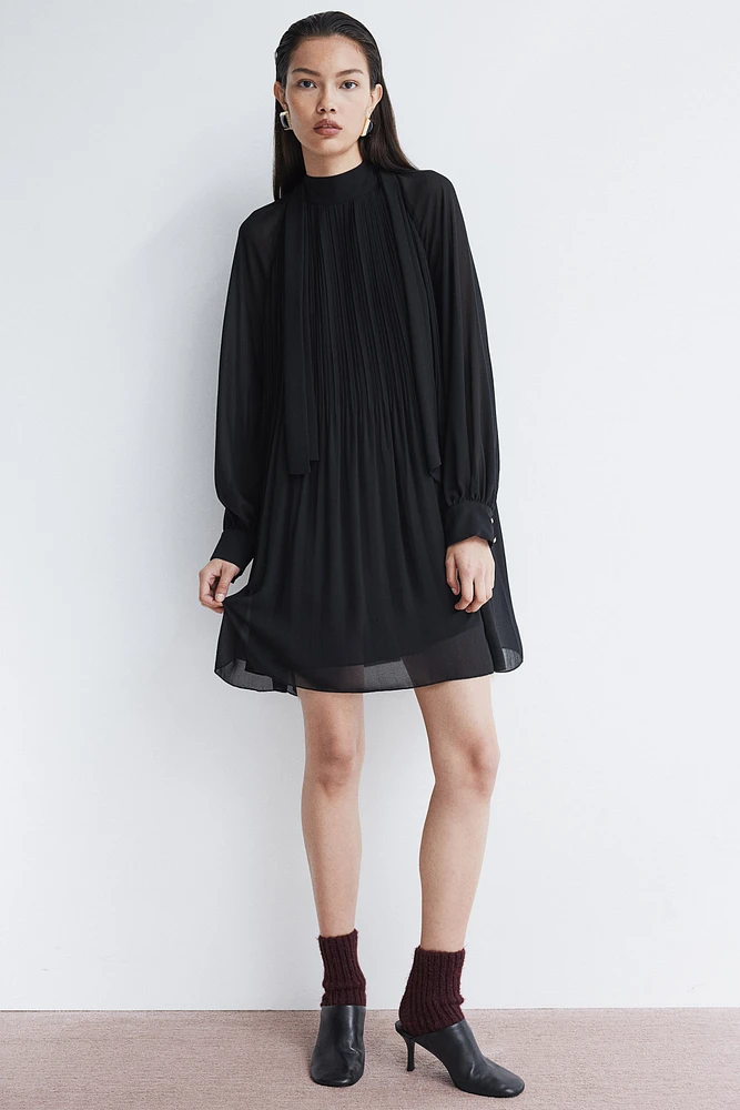 Tie-Neck Plissé Dress