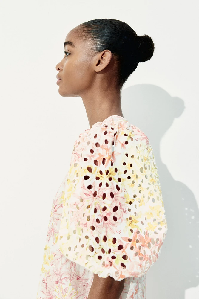 Dress with Eyelet-Embroidered Sleeves