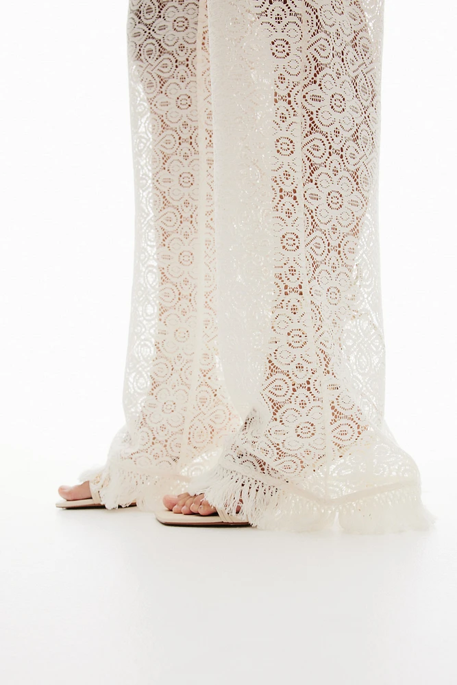 Fringe-trimmed Flared Lace Pants