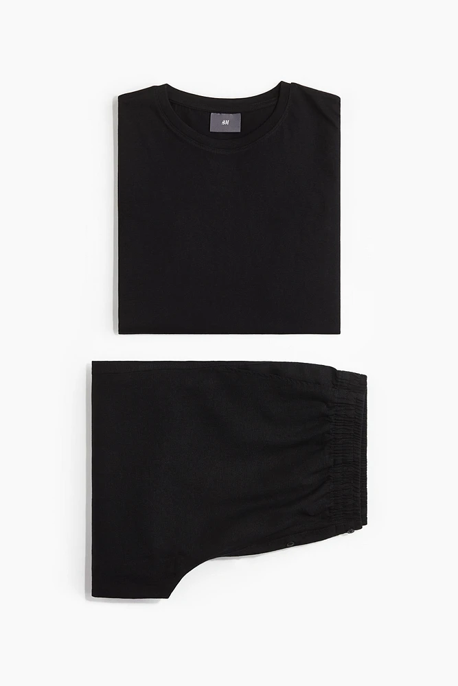 Linen-Blend Pajama T-Shirt and Shorts