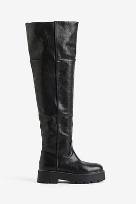 Warm-lined Over-the-knee Leather Boots