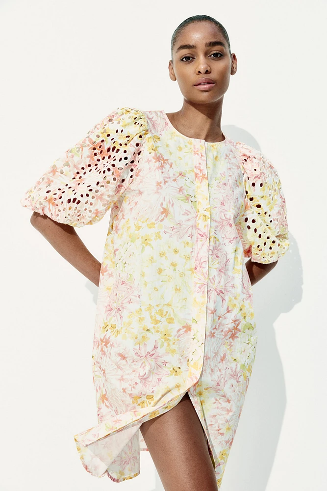 Dress with Eyelet-Embroidered Sleeves