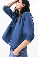 Balloon-Sleeved Denim Blouse