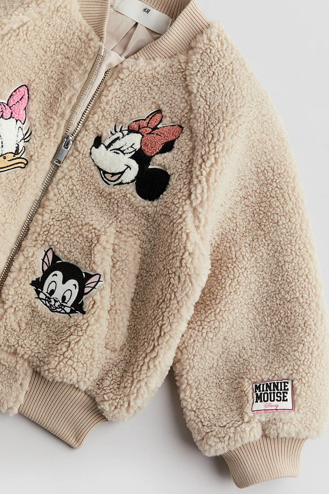 Appliquéd Teddy Fleece Bomber Jacket