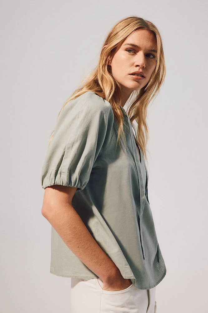 Linen-blend Blouse with Tie Neckline