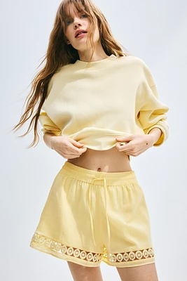 High-Waist Lace-Inset Drawstring Shorts