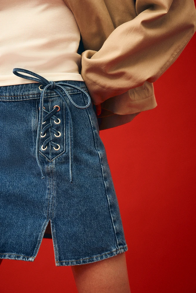 Lacing-Detail Denim Mini Skirt