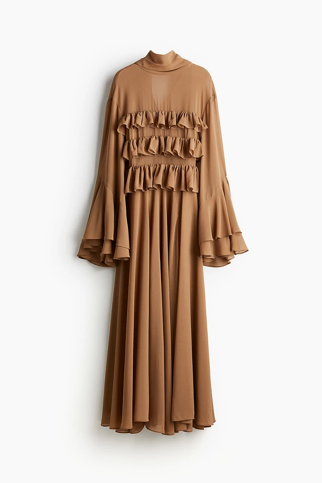 h&m brown ruffle dress Women's Dark brown Flounce-trimmed chiffon dress
