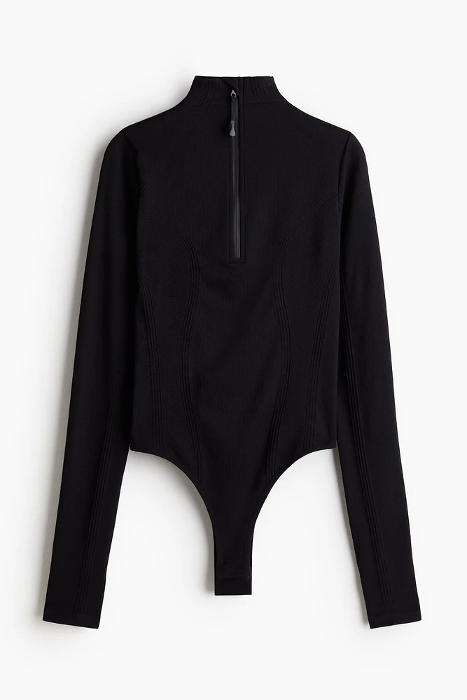 Half-Zip Rib-Knit Thong Bodysuit