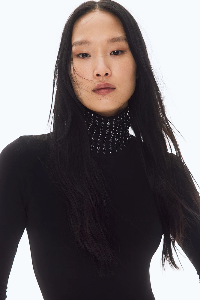 Stud-Detail Mock Turtleneck Bodysuit