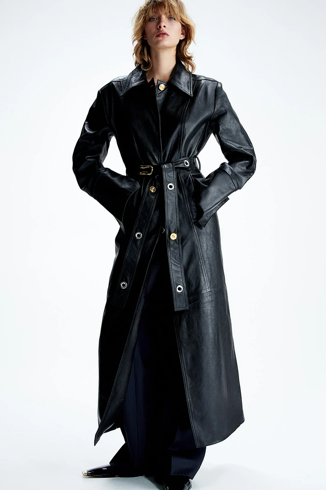 Statement-Button Leather Coat