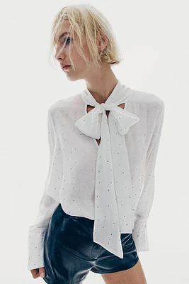 Rhinestone-Embellished Tie-Neck Blouse