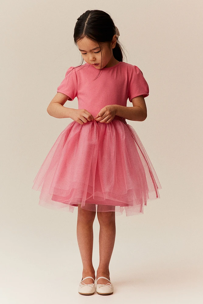 Tulle-skirt Dress with Puff Sleeves