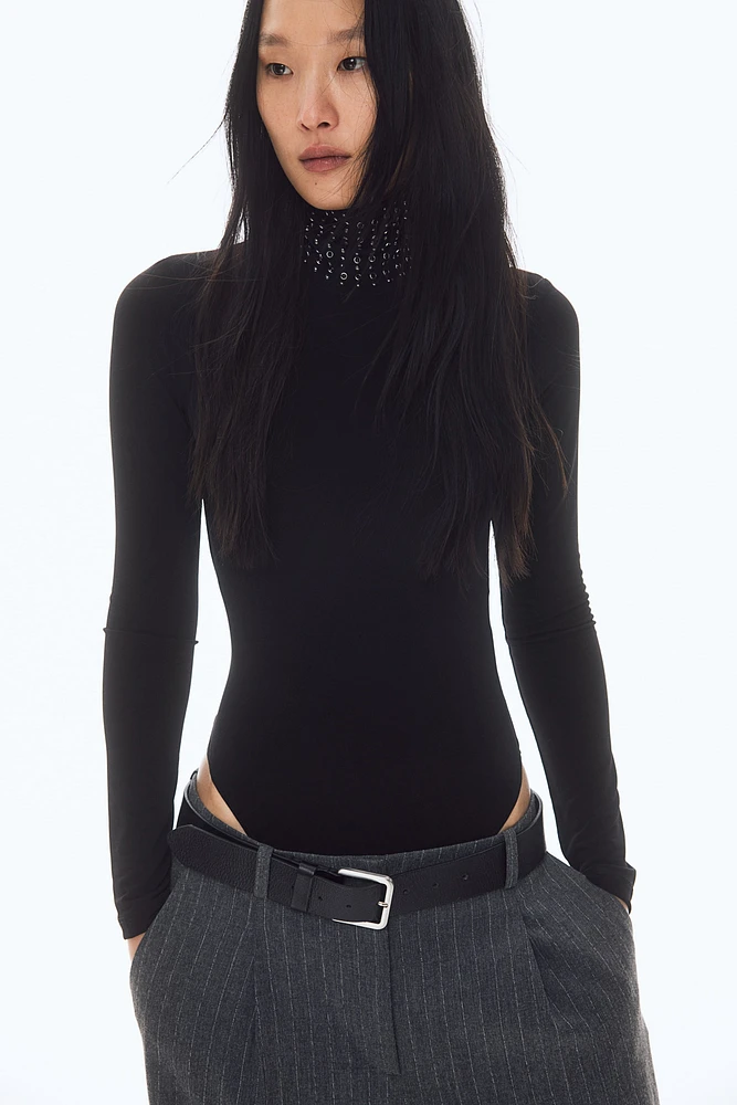 Stud-Detail Mock Turtleneck Bodysuit