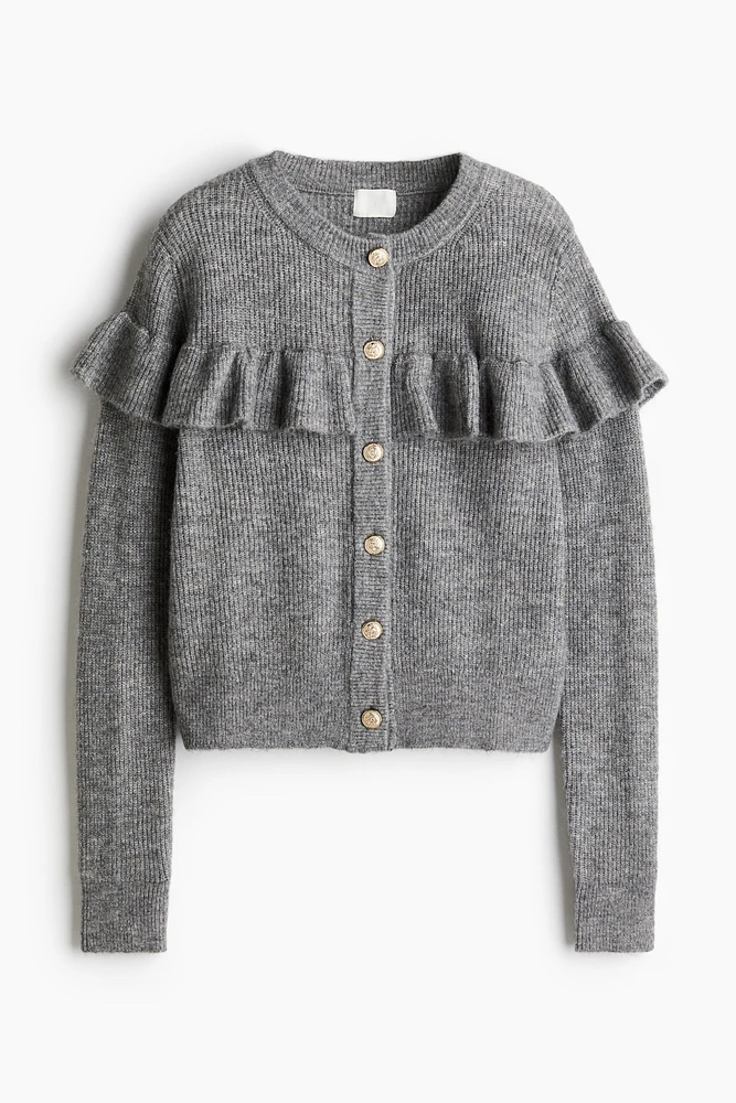 Ruffle-Trimmed Rib-Knit Cardigan