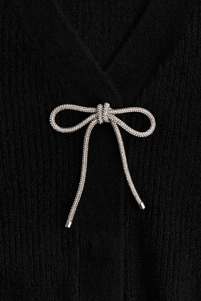 Bow-Detail Rib-Knit Cardigan