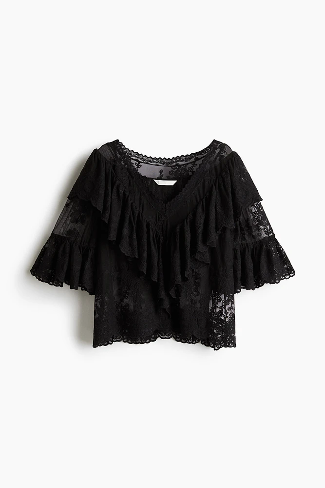 Flounce-Trimmed Lace Blouse