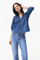 Balloon-Sleeved Denim Blouse