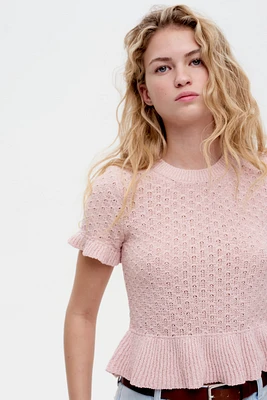 Ruffle-Trimmed Pointelle-Knit Top