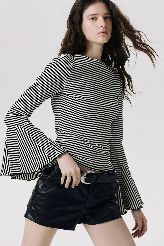 Trumpet-Sleeved Ribbed Top