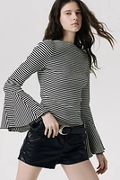 Trumpet-Sleeved Ribbed Top
